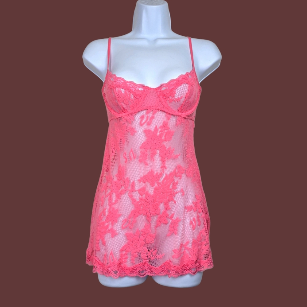 Victoria's Secret Womens Coral Pink Sheer Lace Side Slit Mini Slip Size S